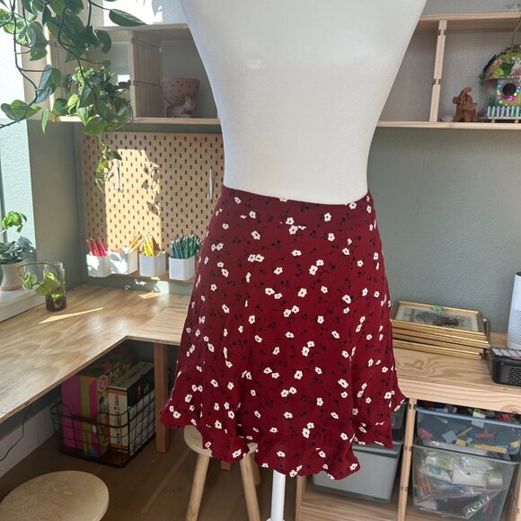 Reformation Flouce Mini Skirt Red, White Flowers - Picture 2 of 4